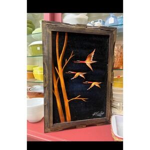 Vintage MCM Black Velvet Glows painting Framed Art Painting Flying Ducks